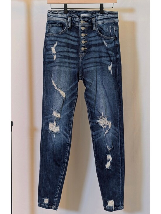 KanCan Denim - KanCan Kurvy Ultra High Rise Distressed Skinny Jeans Dark Wash Button Fly 28